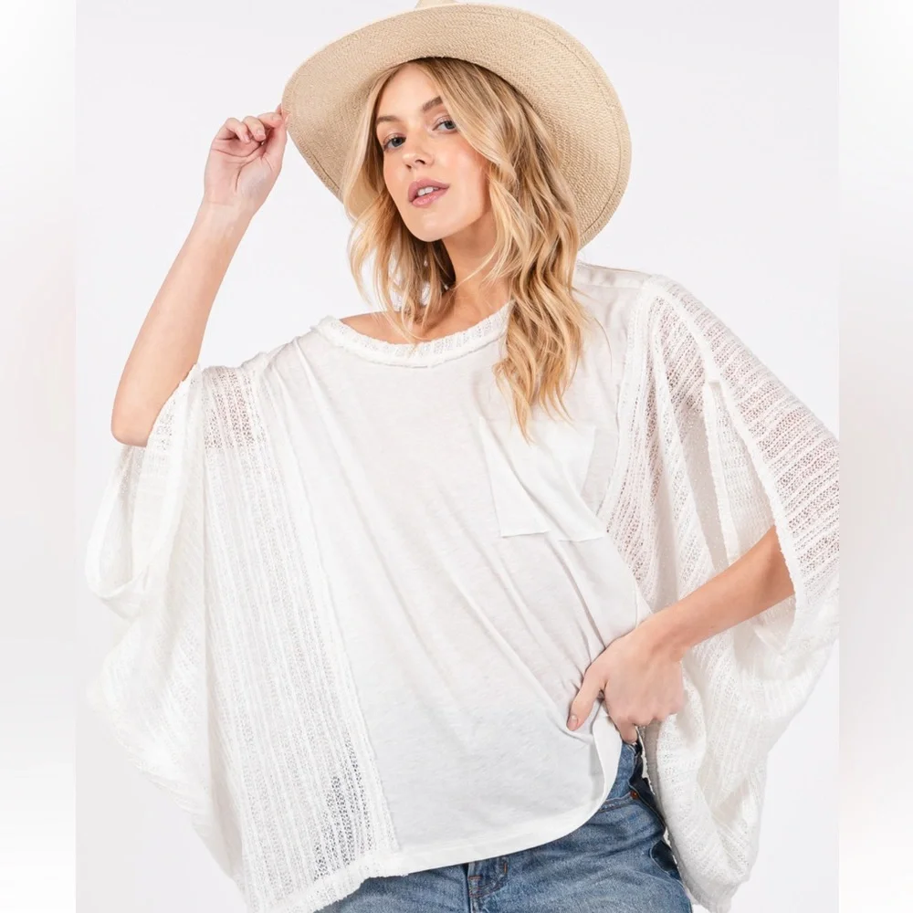 08 Boho Solid Knit Boat Neck Front Pocket Poncho - Picture 2 of 5